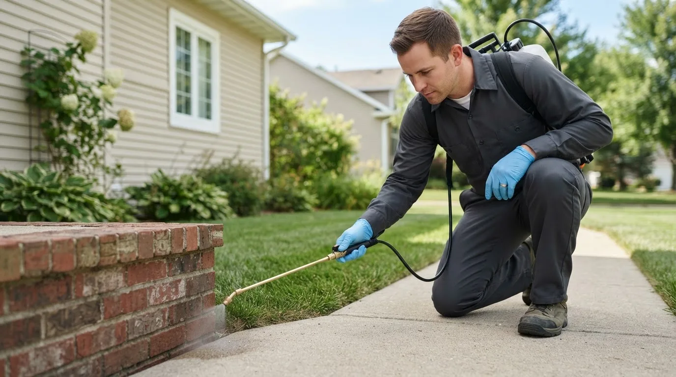Pest control technician treating a home near Attica, KS